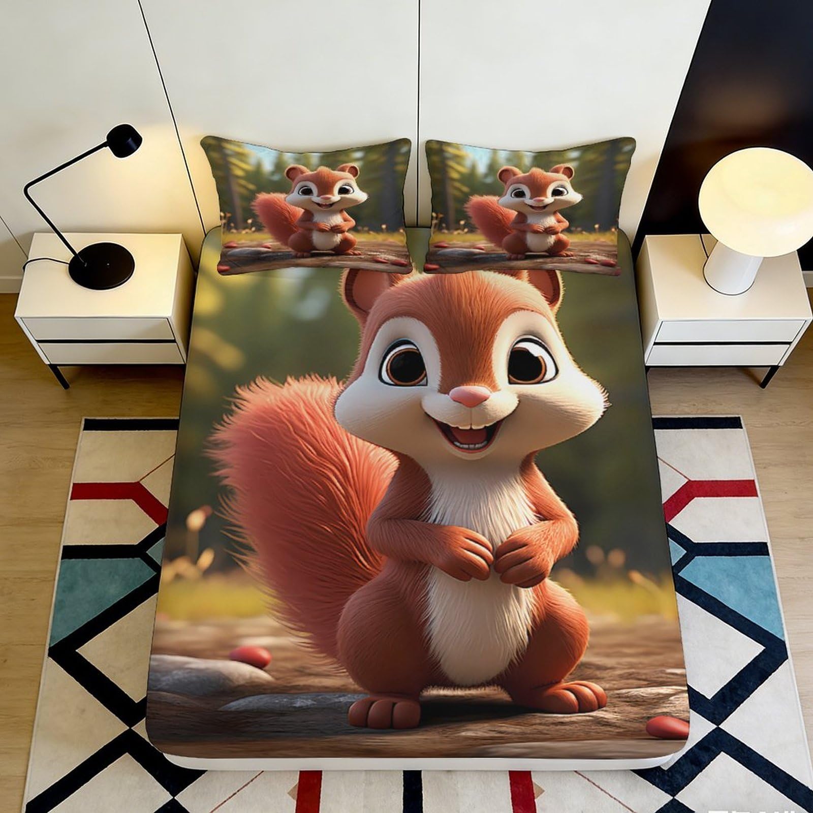 3D Printed Cute Squirrel Fitted Sheet Microfiber Soft Bedroom Decor Cartoon Forest Mattress Cover for Home Dorm 90x200x25cm