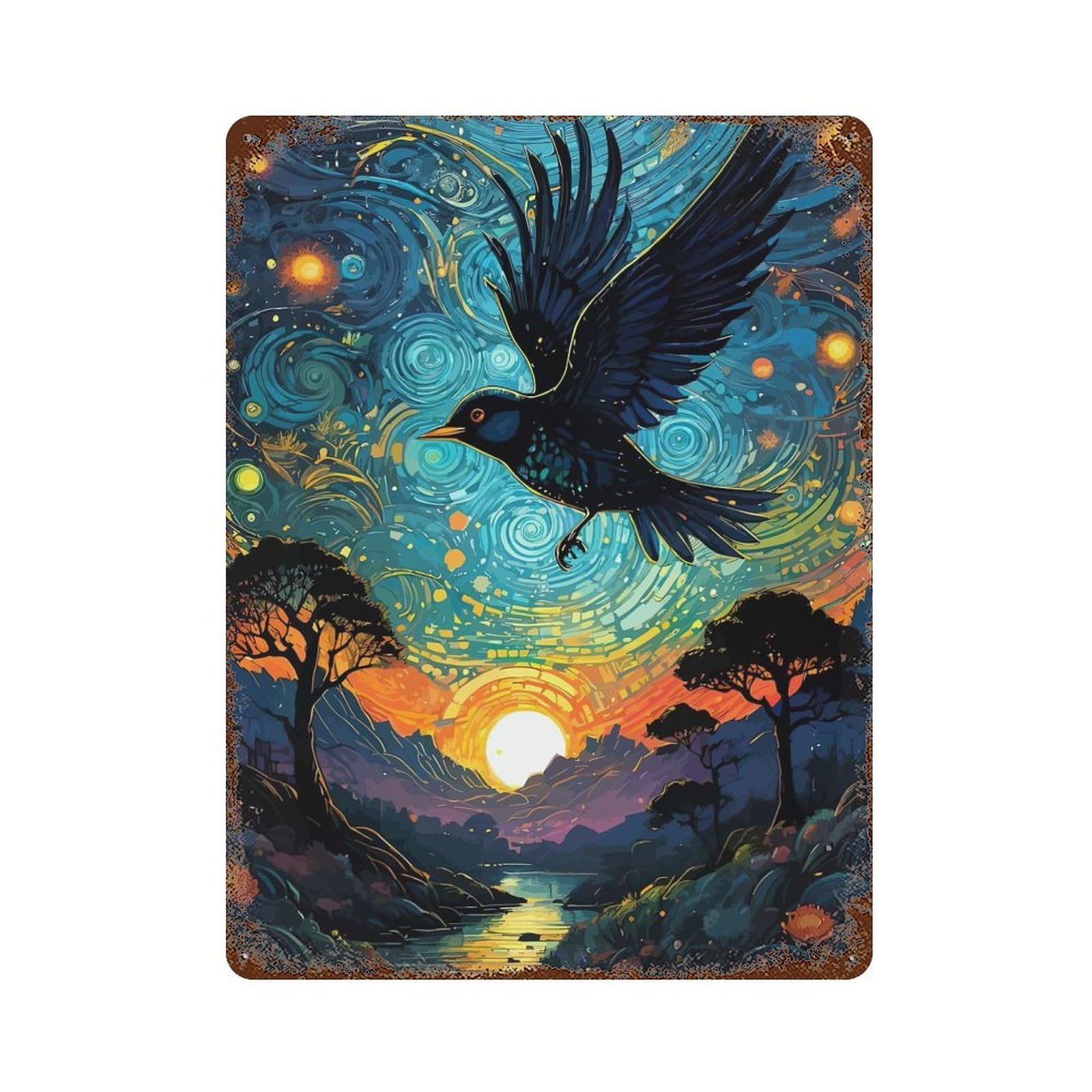 Retro Metal Sign with Starry Night Bird Design 15.7"x11.8", for Living Room, Hallway And Home Decor, Farmhouse Wall Decor