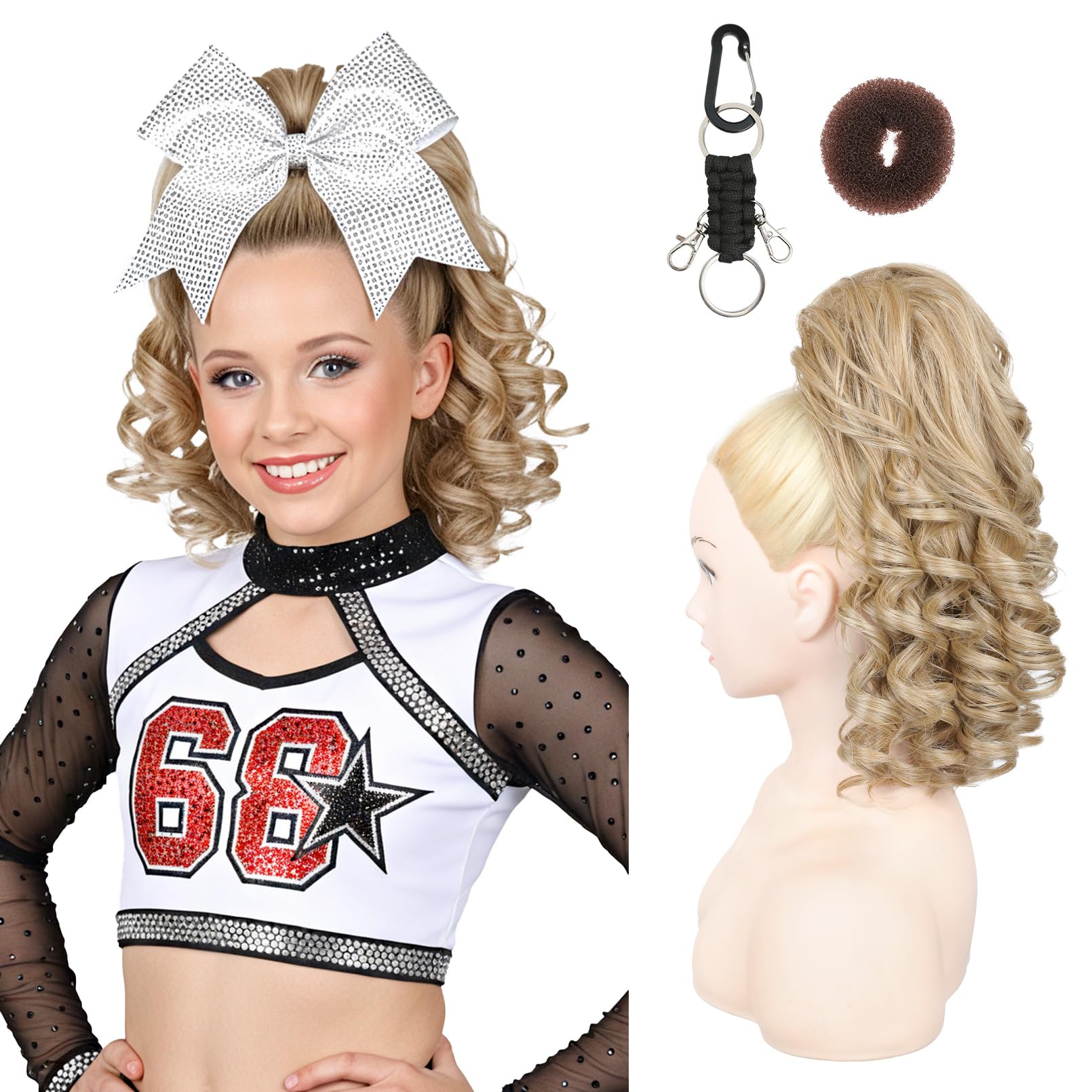 SEIKEA Cheer Ponytail Hair Piece, 14" Curly Cheerleader Hairpiece Ponytail Extension for Cheerleader Competition, Dance Blonde