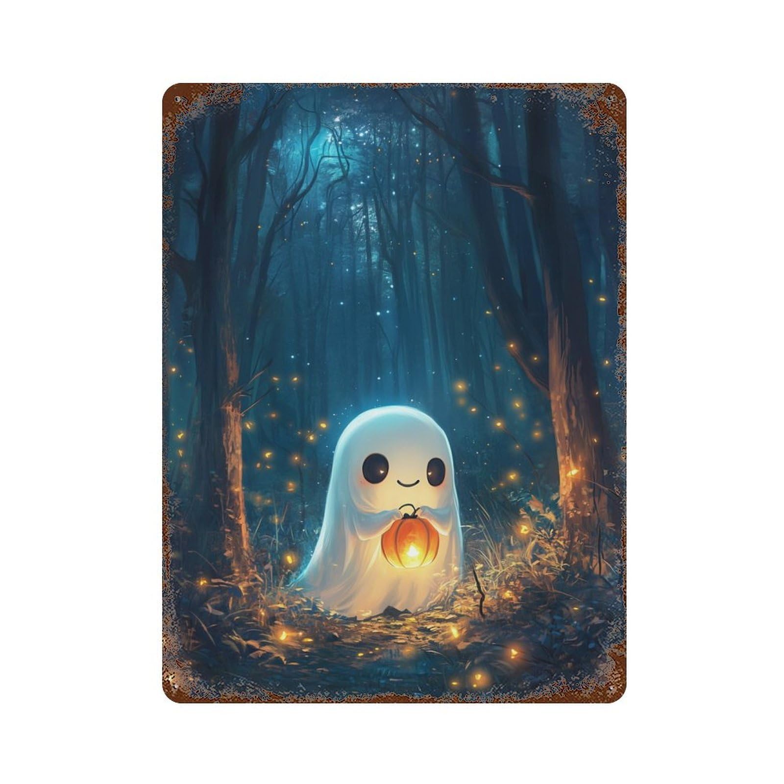 Cute Halloween Ghost in Forest Aged Metal Wall Plaque 15.7"x11.8", Industrial Home Decor for Pub, Kitchen And Man Cave Decor