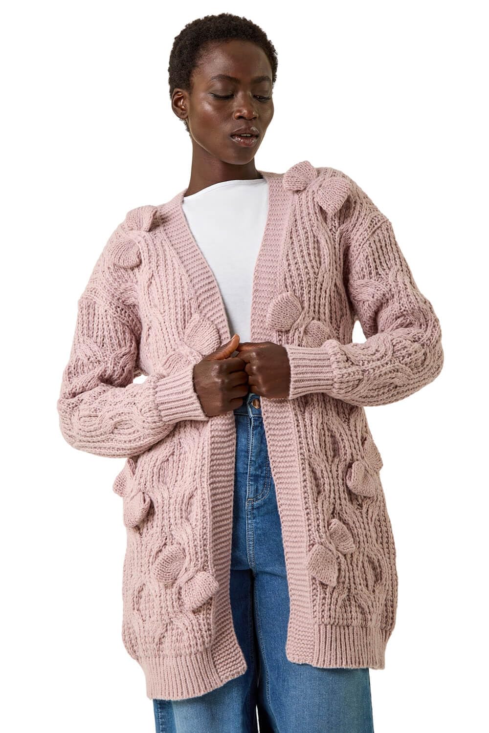 Roman Originals Women's Light Pink 3D Bow Knit Cardigan For Uk - Everyday Autumn Winter Comfy Soft Evening Vacation Work Party Night Out - Size Ml
