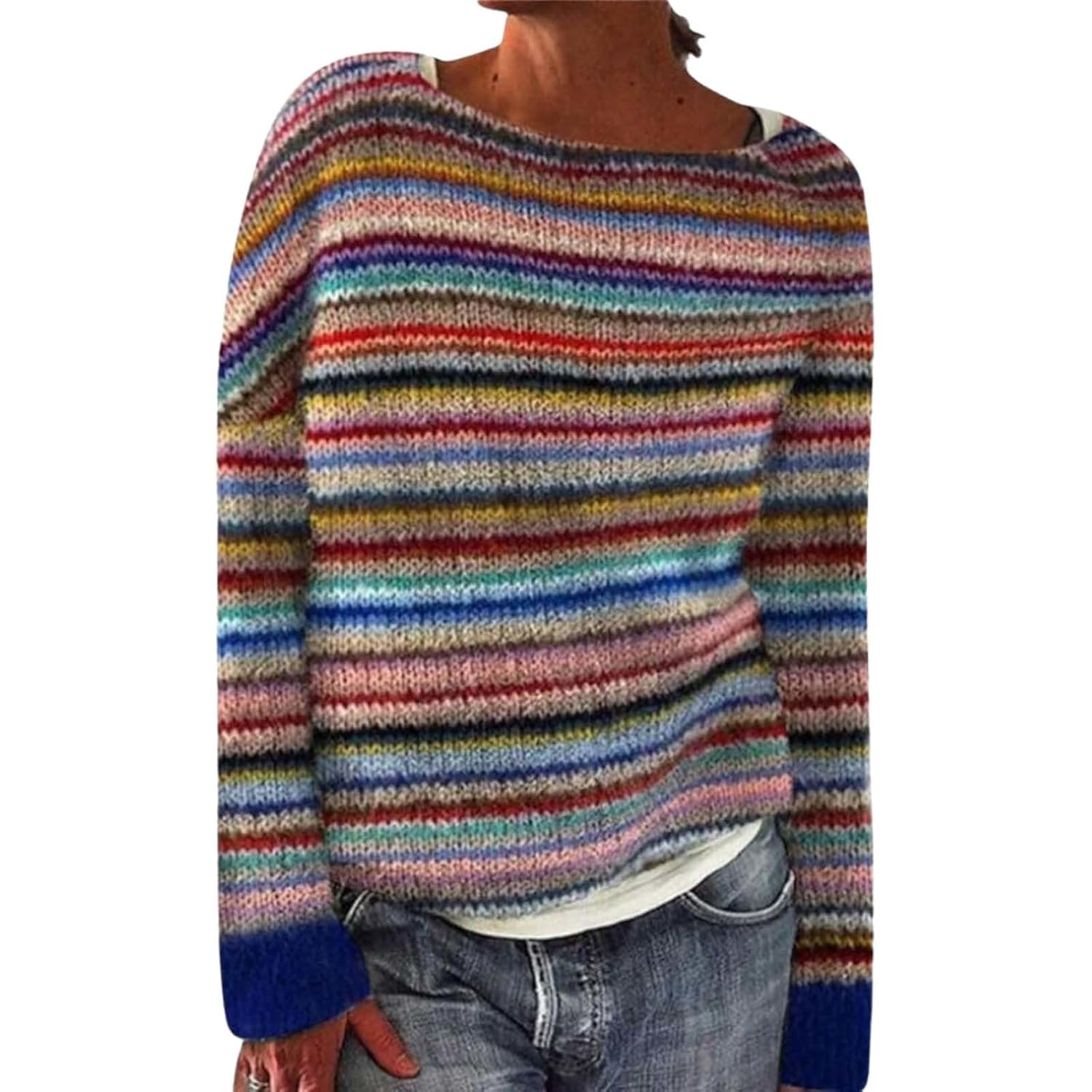 Womens Crewneck Vintage Knitted Sweater Casual Long Sleeve Pullover Tops Loose Winter Outdoor Sweaters