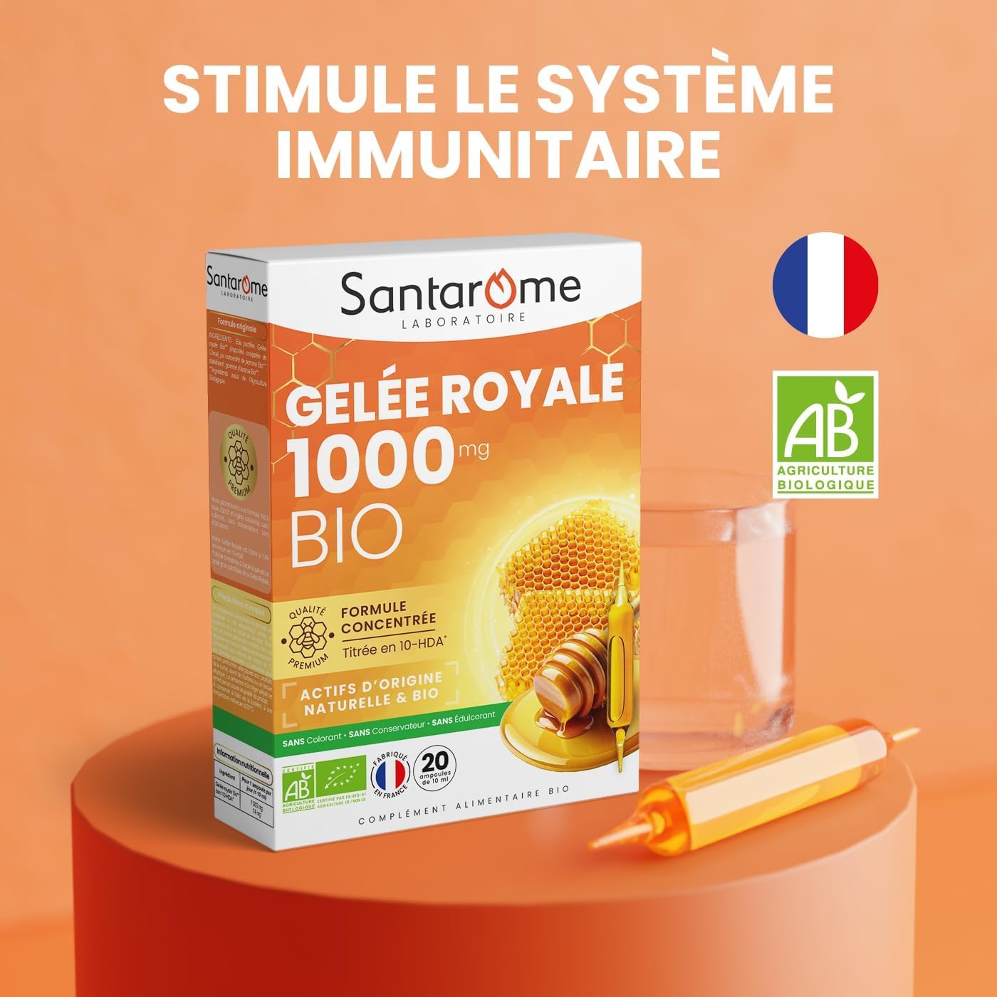 Santarome Gelée Royale 4000mg Bio Complément alimentaire immunité Lot de 3 x 10 ampoules