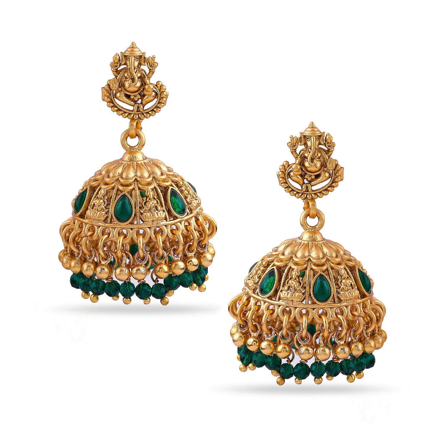 rubans 18K Gold-Plated Emerald Green Beaded Divine Ganesha Temple Jhumka Earrings-picture-40