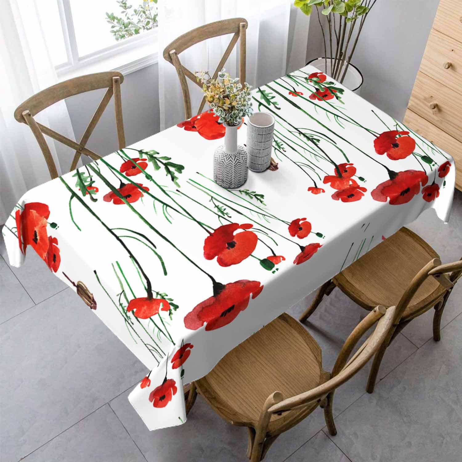 LoLo UoUo Small Poppies andStamens Tablecloth 60x84 Inch Watercolor Flower Red Green Leaf Hand Painted Style Outdoor Tablecloth Rectangle for Party