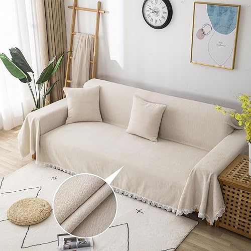 Miniatura 3 de ROOMLIFE Funda para sofá, funda de felpilla blanca marfil con borde de encaje grande para sofá de 3 plazas, protector de muebles para sala de estar,