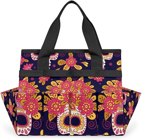 Skulls Flowers Garden Tool Tote Bag for Women Men Gardening Tool Storage Bags with 10 Pockets Standable Garden Home Tool Kits Organizer for Indoor