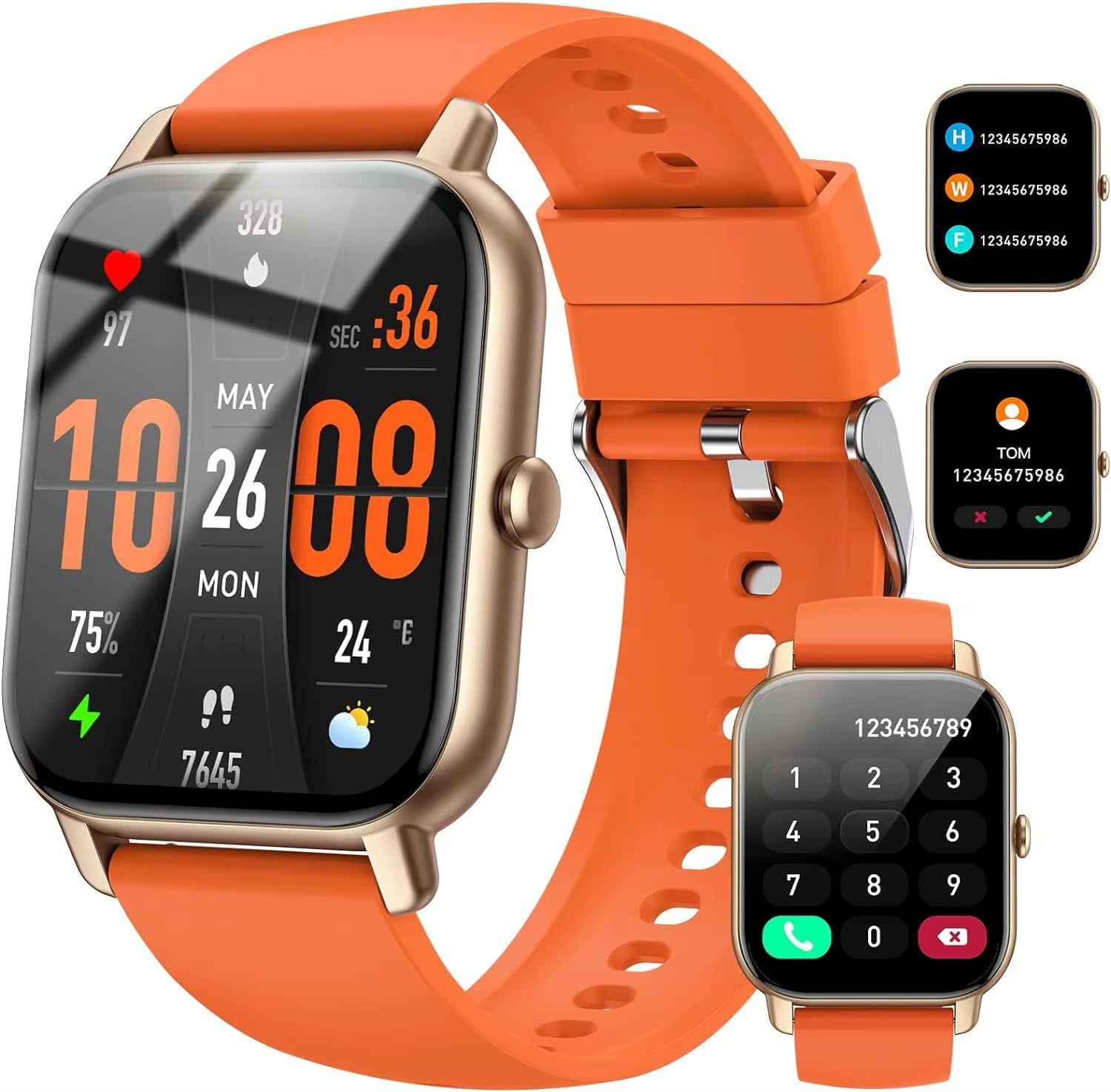 Smart Watch for Men & Women Fitness Answer & Make Calls, Sleep Monitor Step Counter, Heart Rate, Blood oxygen monitor, Compatible with Android iPhone, IP68 Waterproof, HD Touch Screen (Orange)