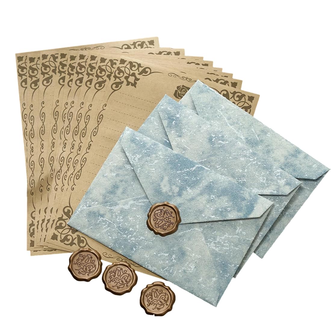 Kit Papeterie Vintage - 16 Feuilles Papier Lettre Kraft Ancien + 10 Enveloppes + 10 Sceaux Cire Autocollants - 8 Styles Rétro Élégants