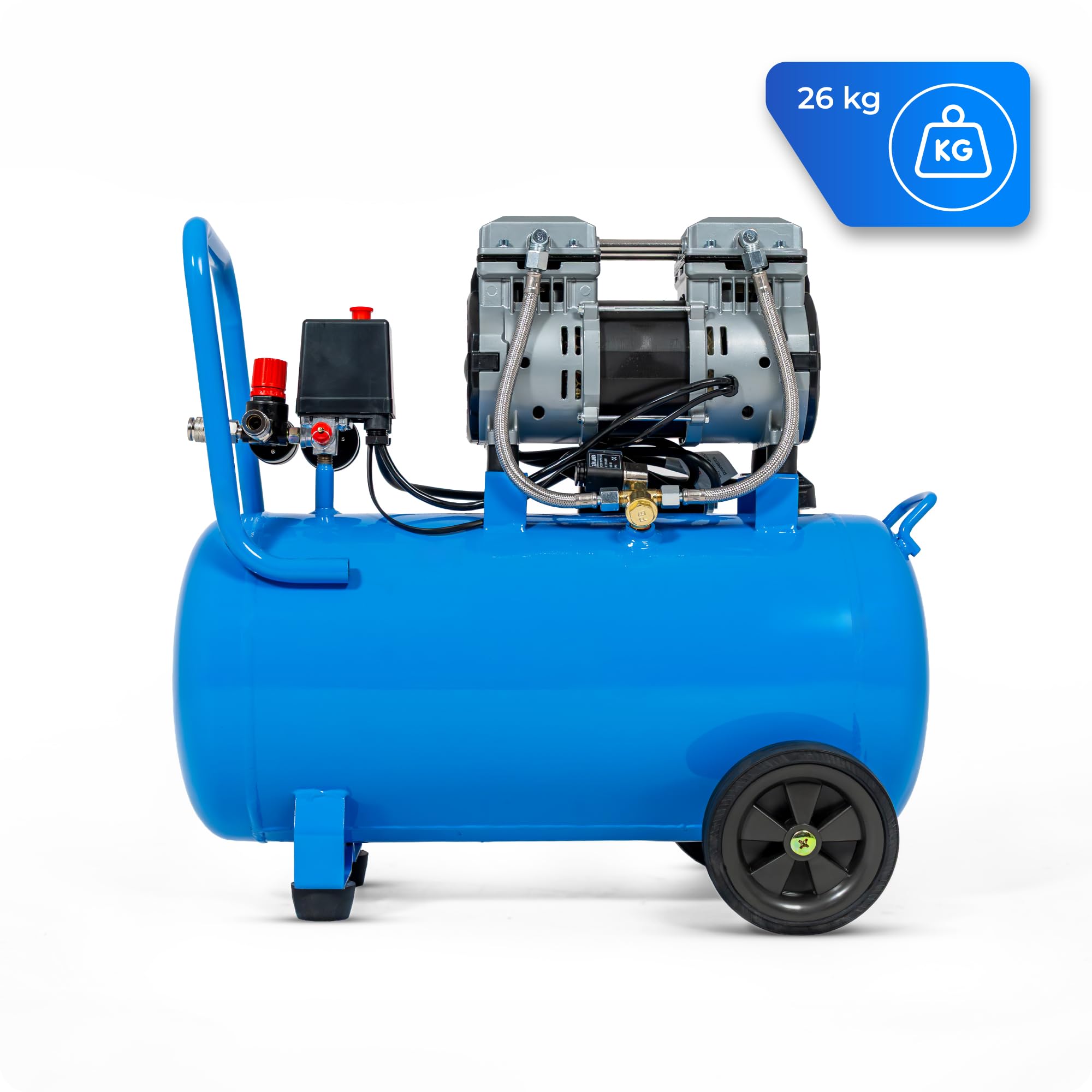 Compressore d'aria 50L, 8 Bar, 1500W / 3000W, oil-free o lubrificato ad olio, 250–380 l/min, 1/4", 2 uscite, manometro, riduttore di pressione, per officina, garage e pneumatici (2T-50L)