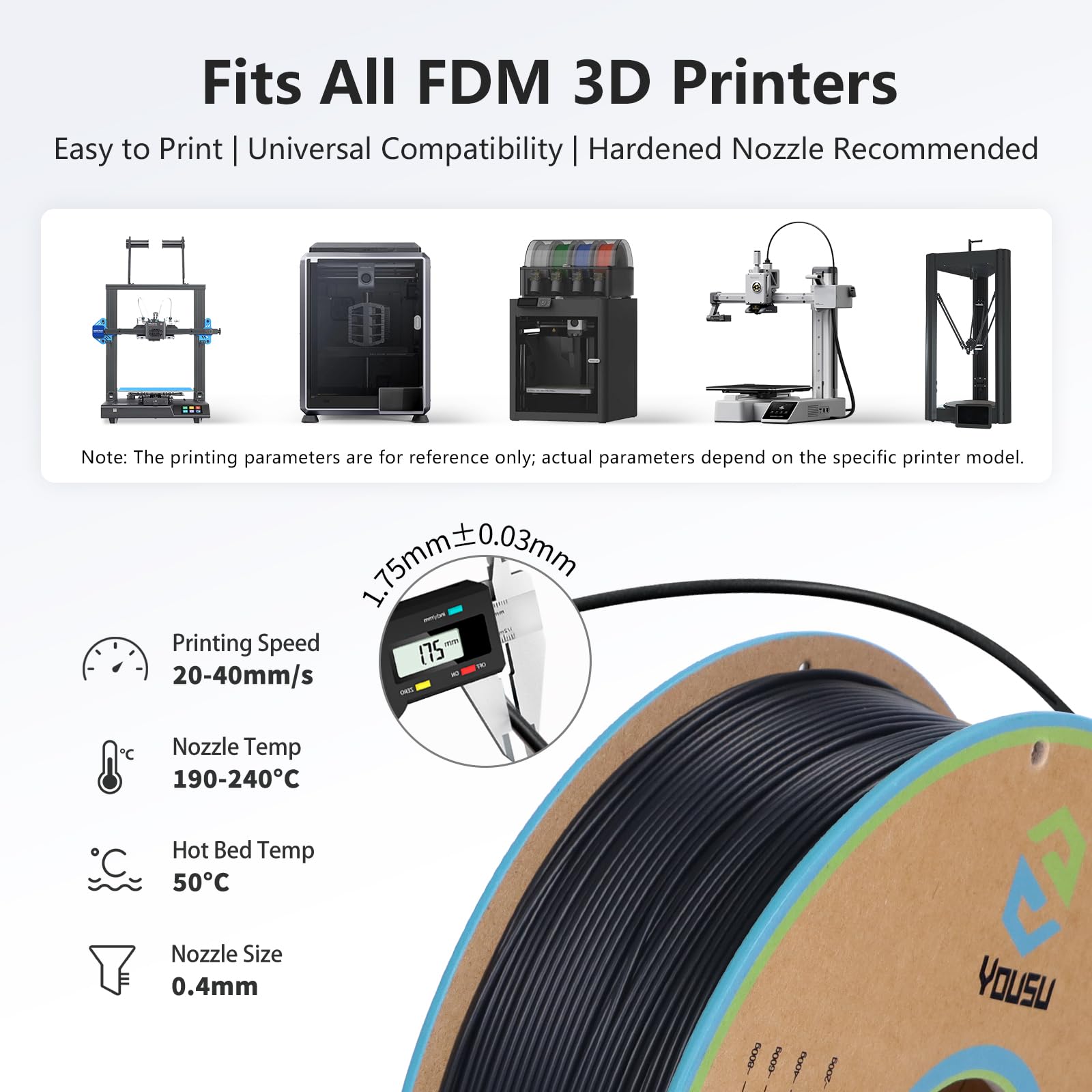 YOUSU Filamento de PLA conductivo de 1,75 mm para impresora 3D y bolígrafo 3D, Precisión dimensional de +/-0,03 mm,1 kg/2.2lbs, PLA conductivo negro