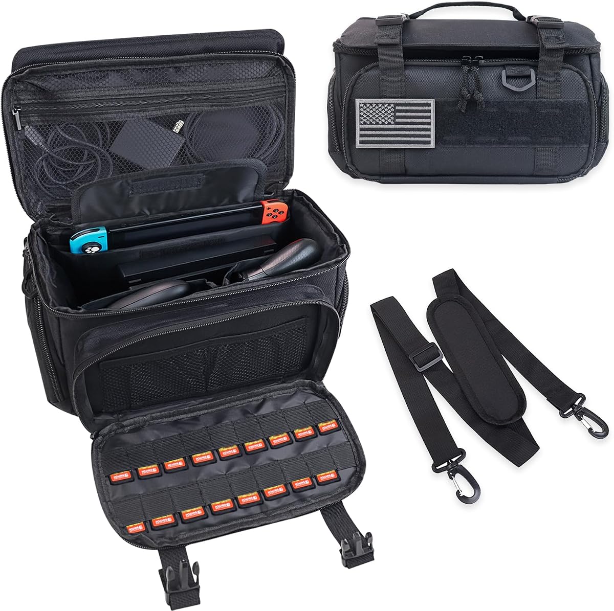 ALSLEA Tactical Travel Gaming Bag Compatible with Nintendo Switch/ Switch 2 All in One Carrying Case for Steam Deck, AC Adapter, Controllers, Protective Bag with Flag Patch &18 Game Card Slots (Black)