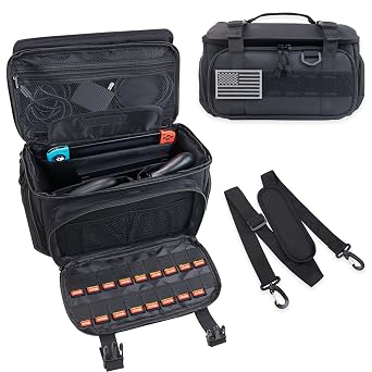 ALSLEA Tactical Travel Gaming Bag Compatible with Nintendo Switch/ Switch 2 All in One Carrying Case for Steam Deck, AC Adapter, Controllers, Protective Bag with Flag Patch &18 Game Card Slots Black