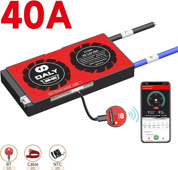DALY Smart BMS Li-ion 3S 12V 40A with Bluetooth BMS Real-Time Monitoring for Rated 3.7V Lithium Battery Pack Power Wheels Motors(Smart BMS,40A)