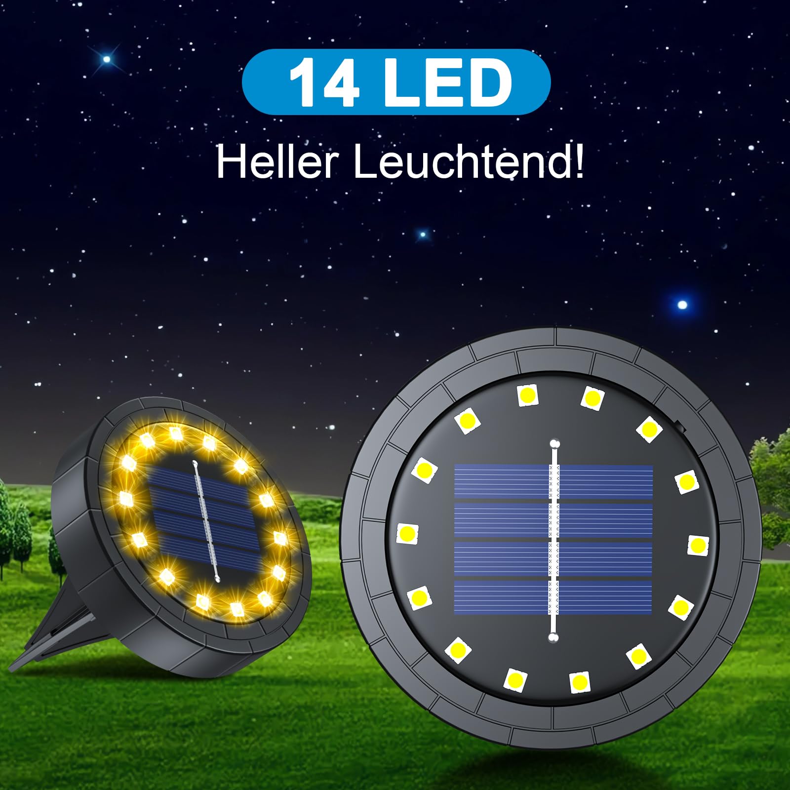 14LED Luci Solari per Giardino, Nuovo stile 2024 Lampade Solare Esterno Incasso Faretti a Terra Luce Sepolta Solare Impermeabile per Prato Vialetto Scala Paesaggio (8, Bianco caldo)