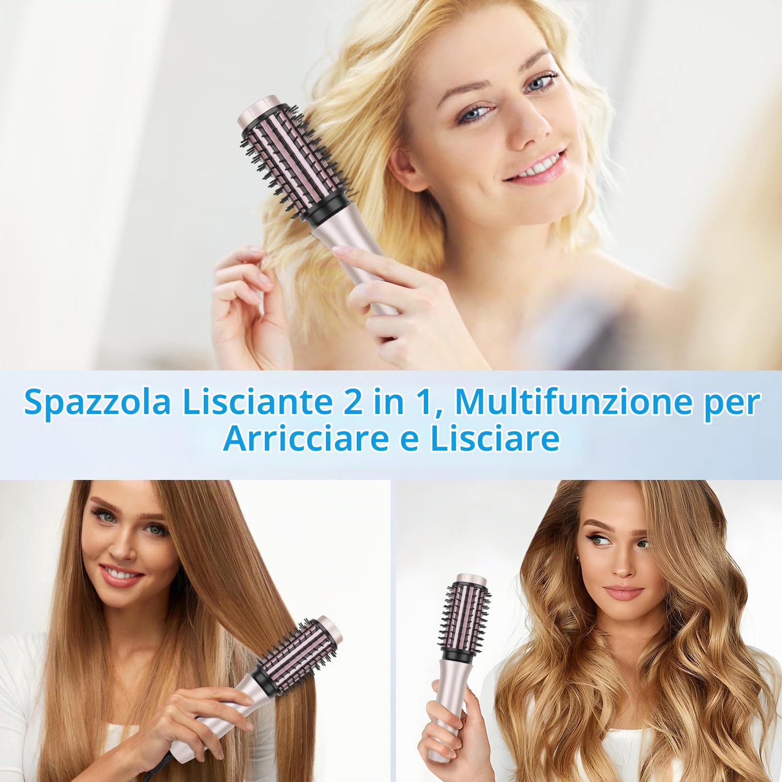 Spazzola riscaldante senza fili 3 in 1, Spazzola Asciugacapelli | Spazzola Ad Aria Calda, spazzola termica portatile, spazzola per capelli ricci con 4 temperature (Pink)
