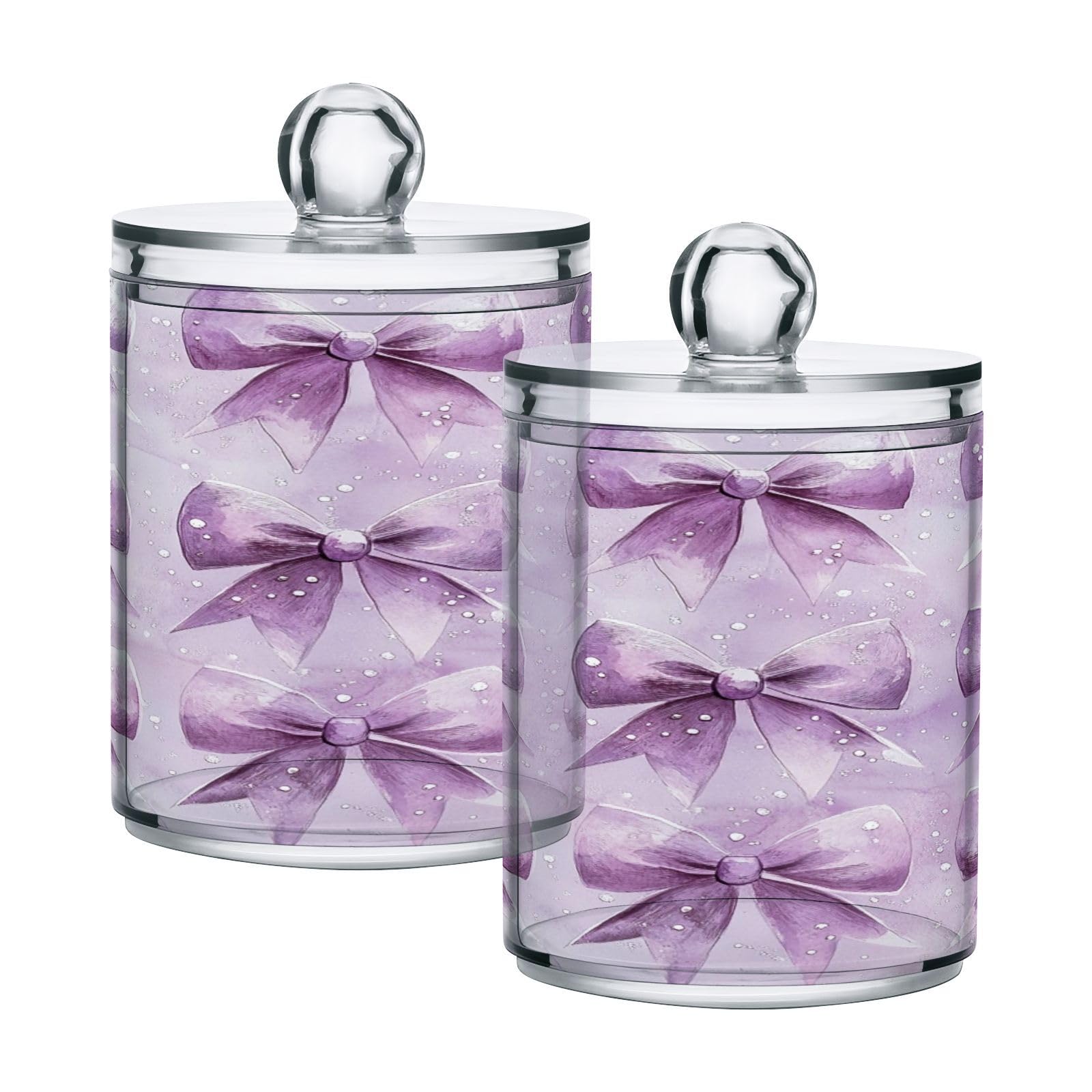 Ewusp Purple Bow Qtip Holder 2 PCS Clear Plastic Apothecary Jars with Lid Cotton Pad Holder Dispenser Cotton Bud Holder Bathroom Storage Container Makeup Organiser