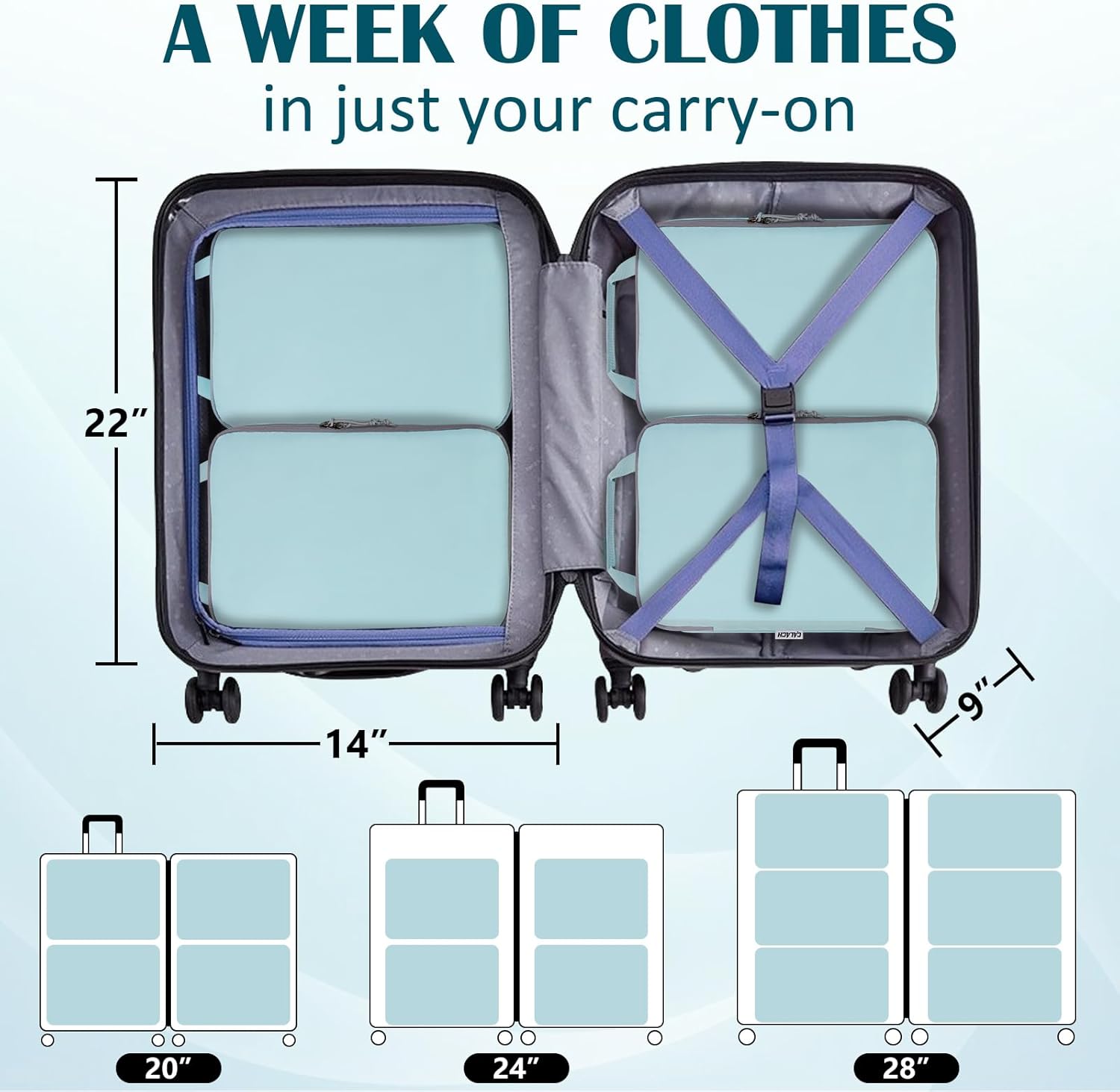 Large Compression Packing Cubes for Travel, 2 Set Compression Bags Travel Cubes for Packing Suitcase Luggage Organizer, Blue - Image 4