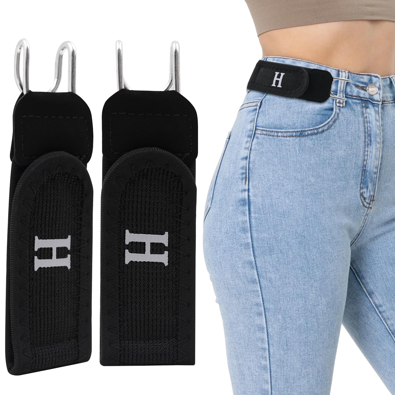 HVIHWI 2 Pcs Metal Hook Elastic Belt, No Buckle Belts for Men Women, Adjustable Invisible Stretch Belts, Buckless Belt for Jeans, Work, Business, Outdoor Hiking, Black
