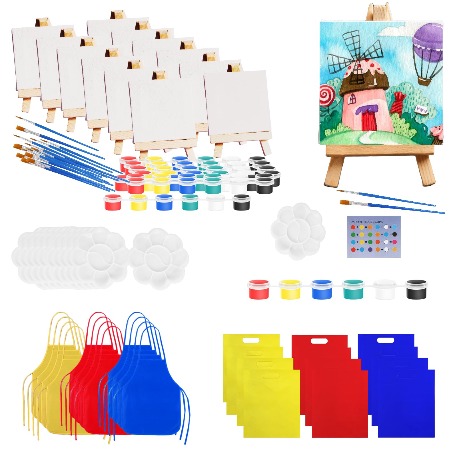 Mini Canvas and Easel Set for Kids Painting, 96 Pcs Party Kit with 12 Sets of 4x4 Canvas, Watercolor Paints, Aprons, Tote Bags - Kids Sip & Paint