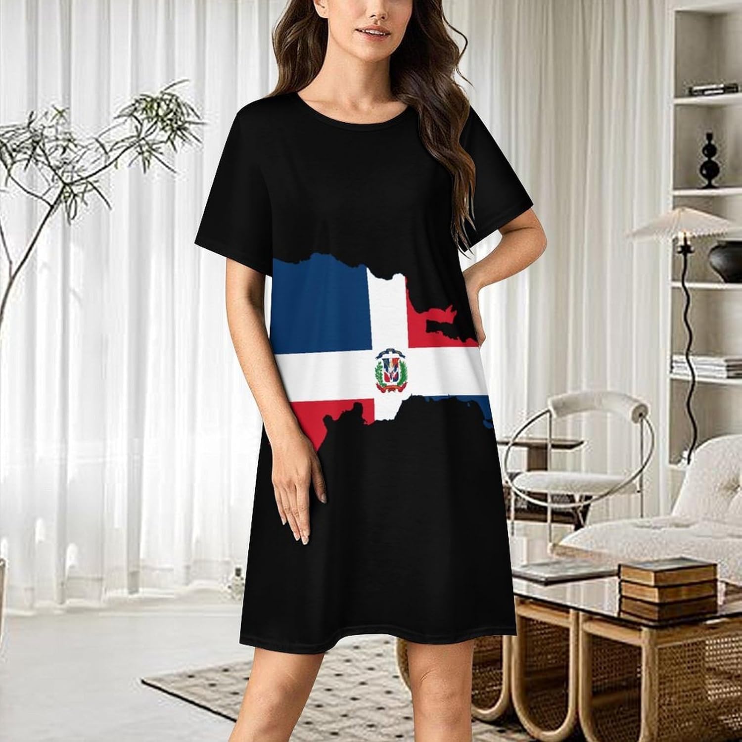 Flag Map of Dominican Republic Women's Nightgown Short Sleeve Sleep Shirt Casual Sleepwear Night Gowns Sleepdress