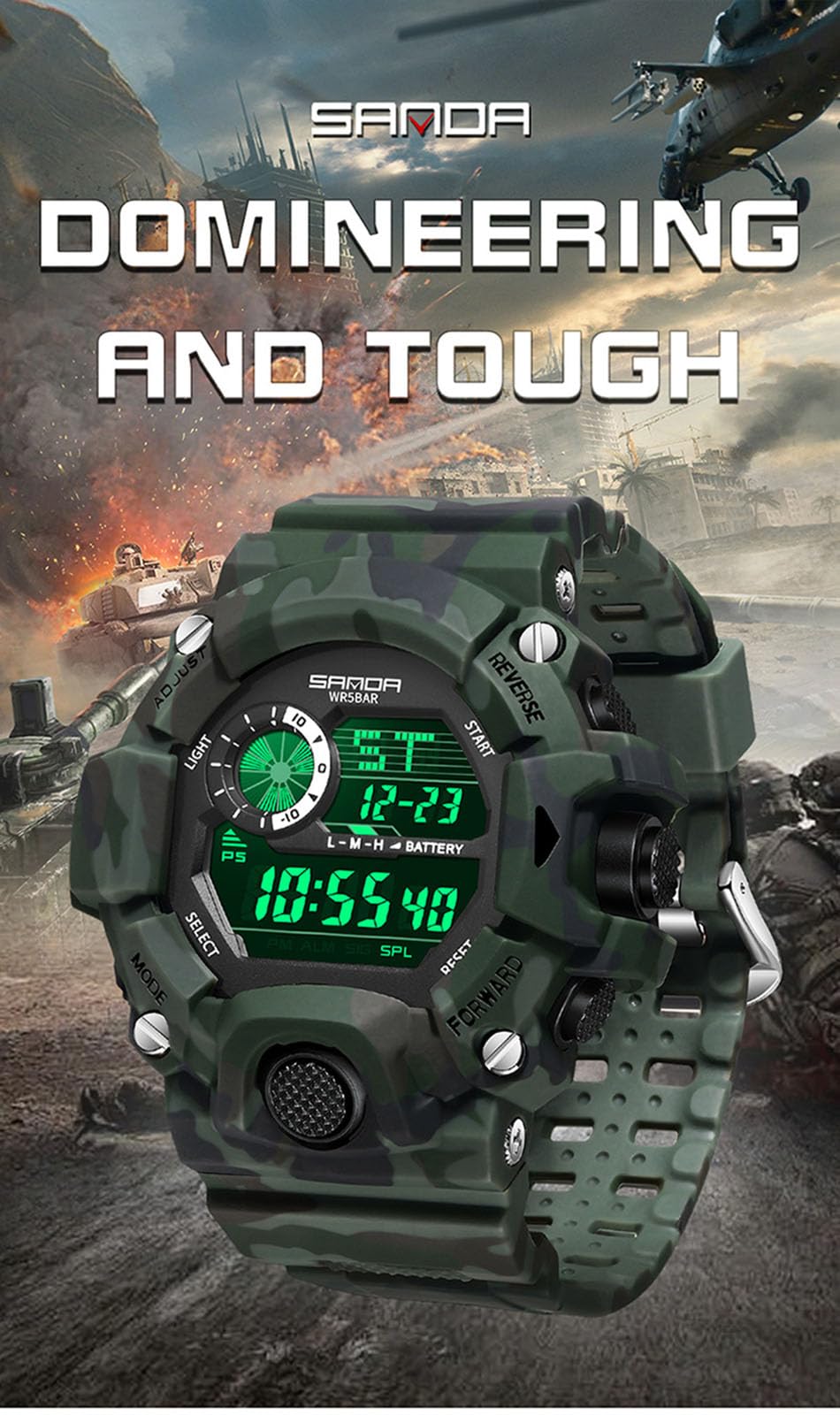 Orologio digitale da uomo a LED, impermeabile, elettronico, sportivo, militare, cinturino in silicone, sveglia, cronometro, camouflage Camouflage Green