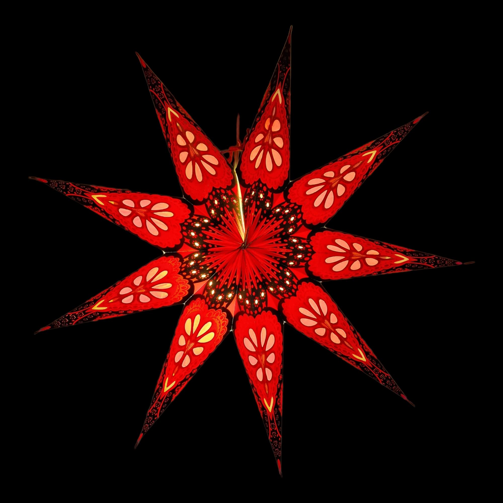 YEPSIO 9 Pointed Paper Star Lantern Lampshade Light Shade - Large 60cm Hanging Decoration for Christmas, Wedding, Home, Birthday Party (Glitter Red Multi)
