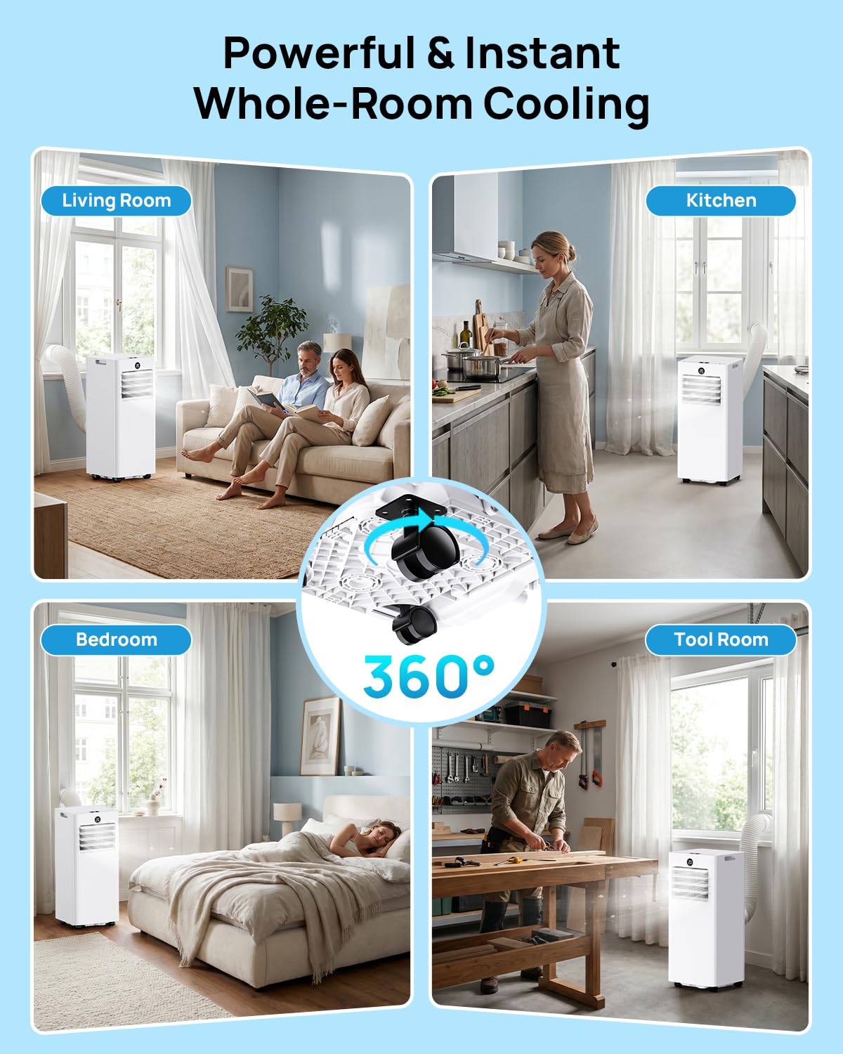 Aire Acondicionado Portatil 7000 BTU con Kit Ventana, 4 en 1 Refrigeración/Ventilador/Deshumidificador/Modo Sueño, Mando a Distancia, Temporizador 24h, Ruedas 360°, Silencioso para Dormitorio Oficina