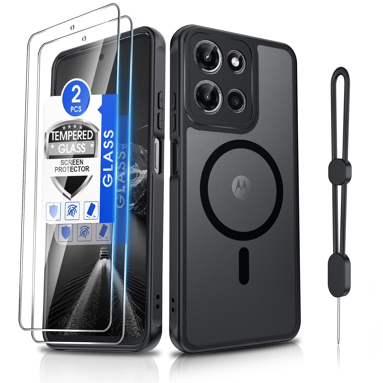 Dizn Magnetic for Moto G 2025/2026 Case，Motorola G Play 2025/2026 Matte Cover, with Tempered Glass Screen Protector, with Strap, Compatible with MagSafe Wireless Charging for Moto G Play 25/26, Black