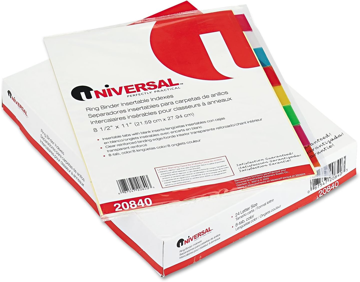 Universal 20840 Economical Insertable Index, Multicolor Tabs, 8-Tab, Letter, Buff, 24 Sets/Box