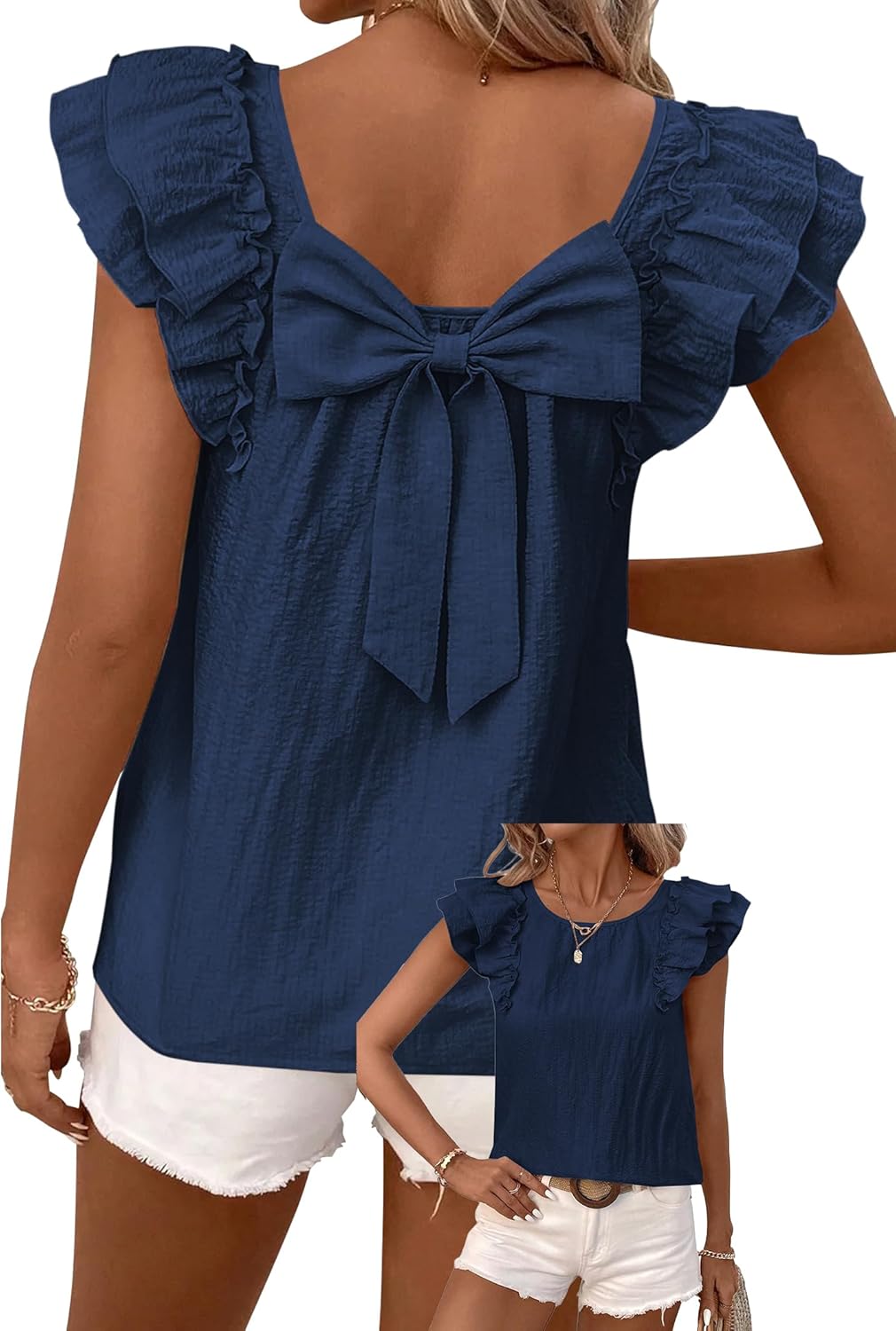 Halife Womens Summer Tops with Bow Tie Back Crew Neck Ruffle Short Sleeve Blouses Dressy Casual Cute Babydoll Shirt