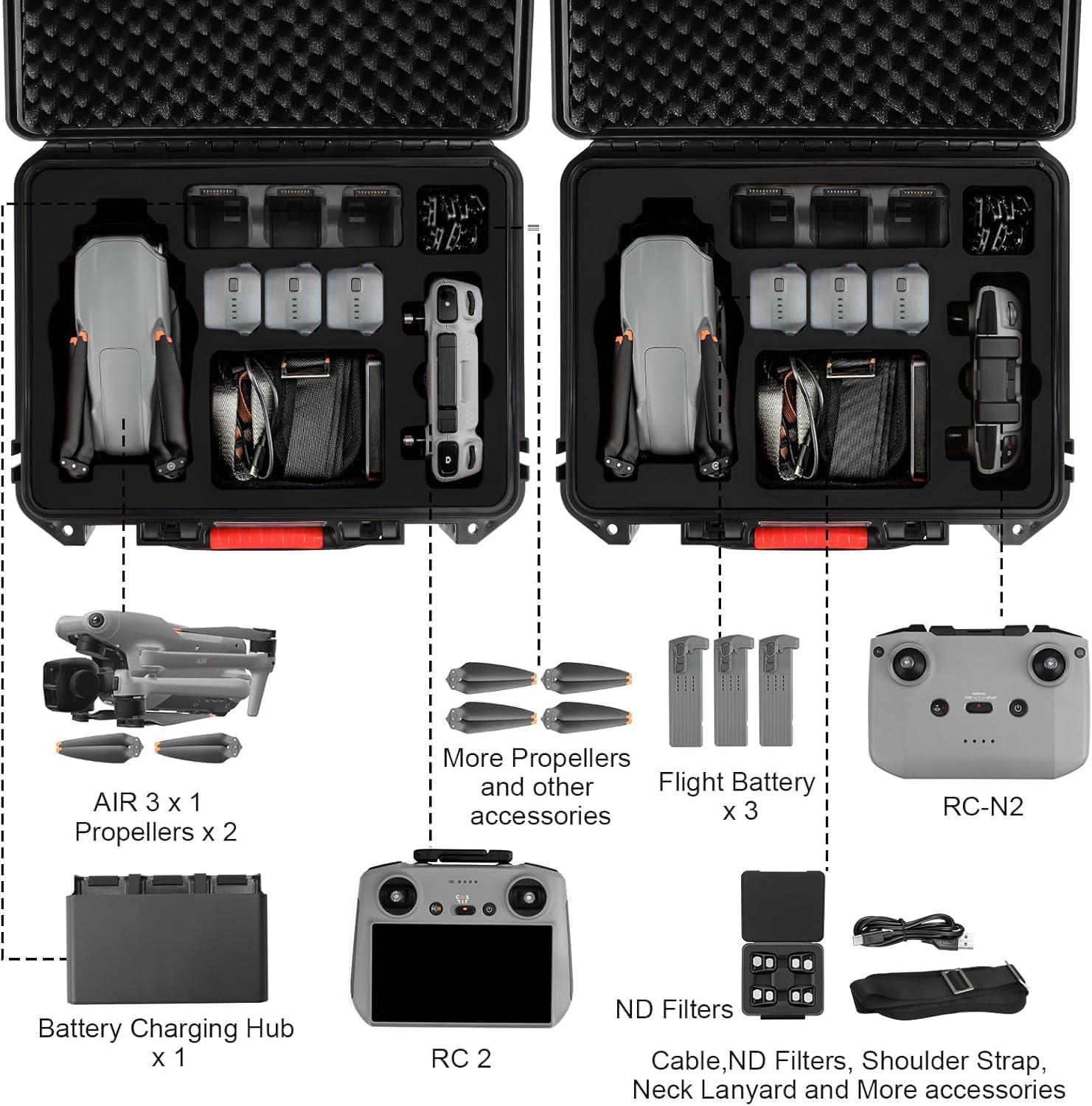Hard Case for DJI Air 3S/Air 3 - Waterproof Carrying Cases, Portable Storage Bag Fits for DJI Fly More Combo, RC 2/RC-N2/RC-N3 Controller, Batteries, Charger, Cables, Accessories (Only Black Case) - Image 5