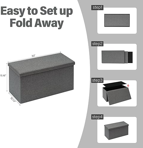 Miniatura 3 de PINPLUS Banco otomano plegable de almacenamiento con bandeja de tapa, mesa de centro otomana de 30 pulgadas, silla de cubo gris, taburete de