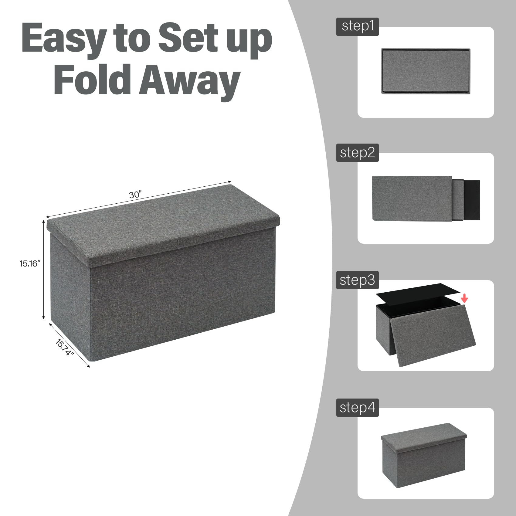Banco otomano plegable de almacenamiento con bandeja de tapa, mesa de centro otomana de 30 pulgadas, silla de cubo gris, taburete de almacenamiento para sala de estar y dormitorio, soporta 6