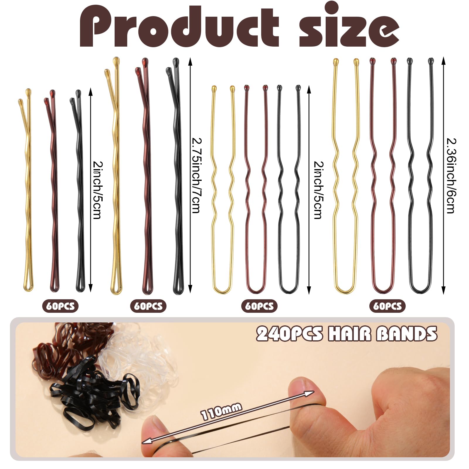 Juego de 480 horquillas para el cabello, horquillas en forma de U para moños, horquillas para el cabello para mujeres, bandas de goma para el cabello con caja, 2/2.36/2.76 pulgadas, horquillas negras 2
