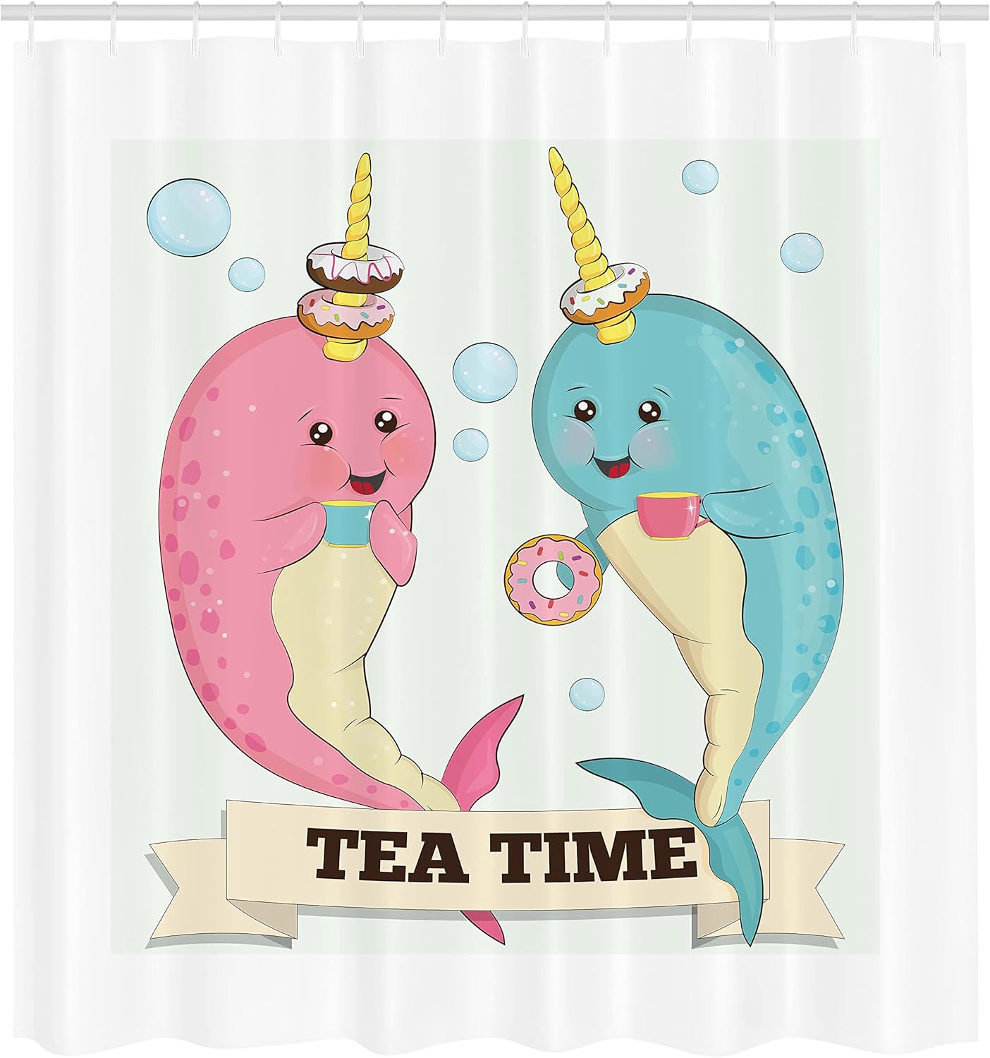 Ambesonne Narwhal Shower Curtain, Tea Drinking Whales Ocean Unicorn with Abstract Bubbles Backdrop, Cloth Fabric Bathroom Decor Set with Hooks, 69" W x 70" L, Pale Pink Pale Blue