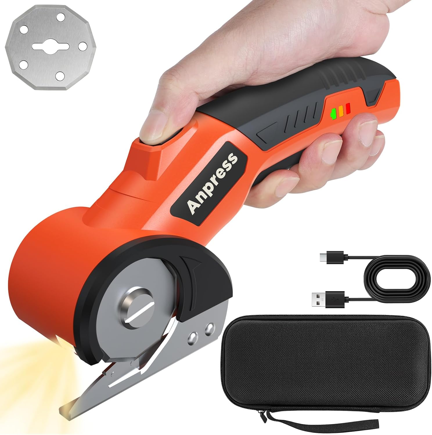 Anpress Cordless Electric Scissors Cardboard Cutter 4V Rechargeable Fabric Scissors with LED Light, Electric Box Cutter for Cardboard, Fabric, Leather, Plastic, Carpet – DIY & Craft Gift for Men Women