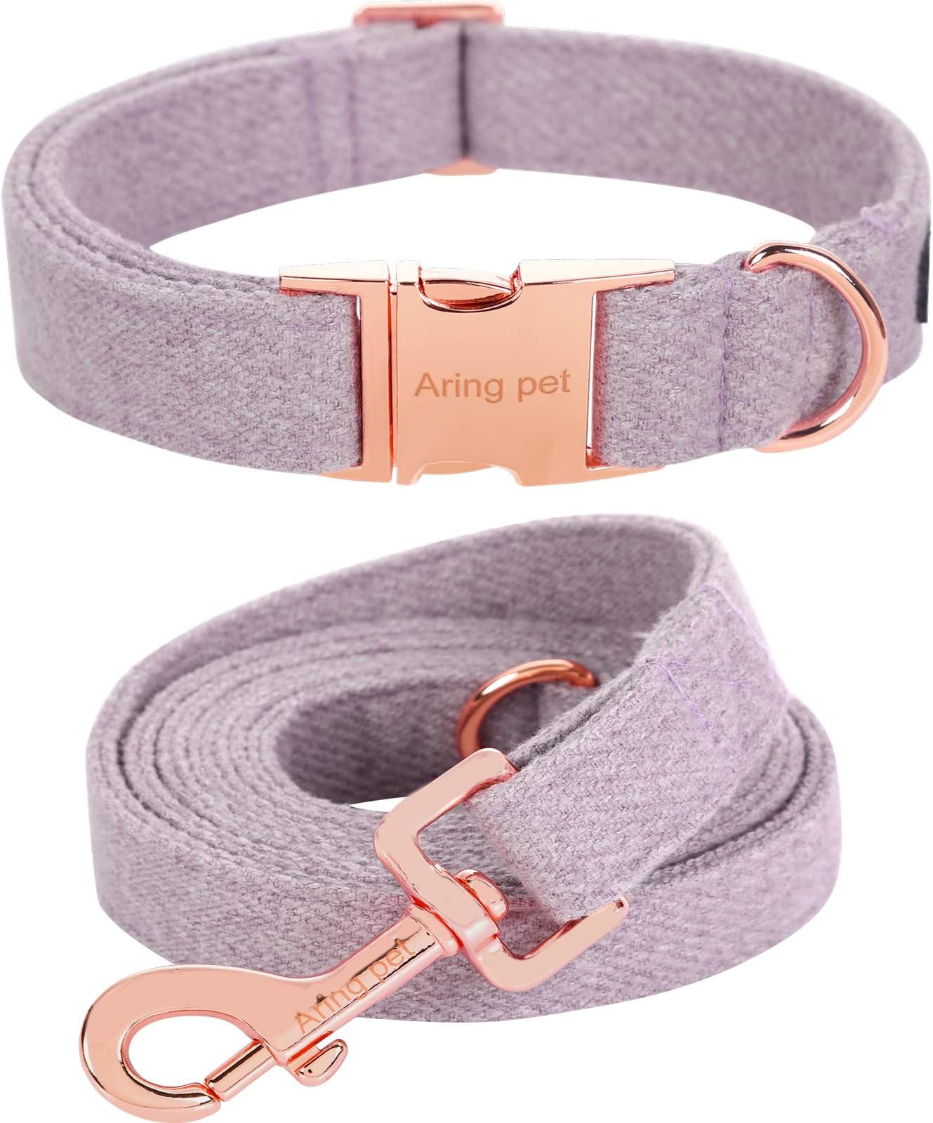 ARING PET Girl Dog Collar-Cotton Lavender Dog Collar with Leash, Adjustable Dog Collars and Leash Set with Metal Buckle