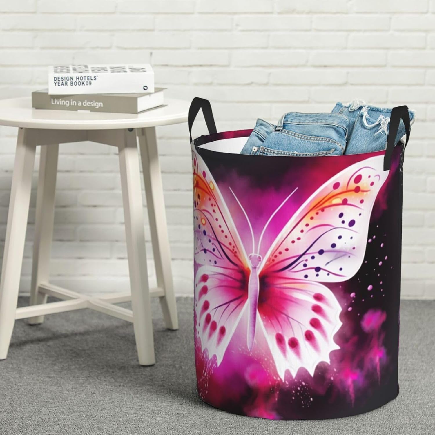 Pink Butterfly Laundry Basket With Handles, Foldable Laundry Hamper Oxford Cloth Dirty Clothes Basket Waterproof Clothes Toys Storage Bin Organizer for Bedroom Bathroom Dorm