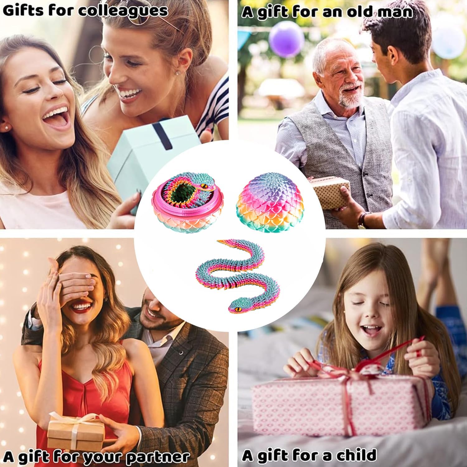 3D Printed Snake Egg with Snake Inside,3D Printed Animals Set, Fidget Toy Basket Stuffers for Kids Party Favors, Home Office Decor Executive Desk Toys for Autism/ADHD(Random Candy Egg, 11.8)