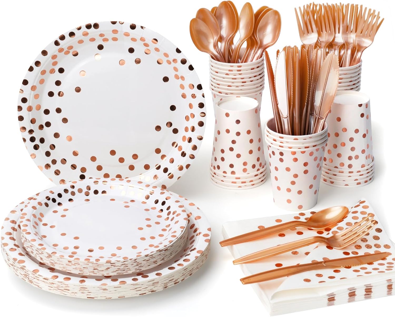 Party Supplies Set 210 Pieces of White and Rose Gold Dot
