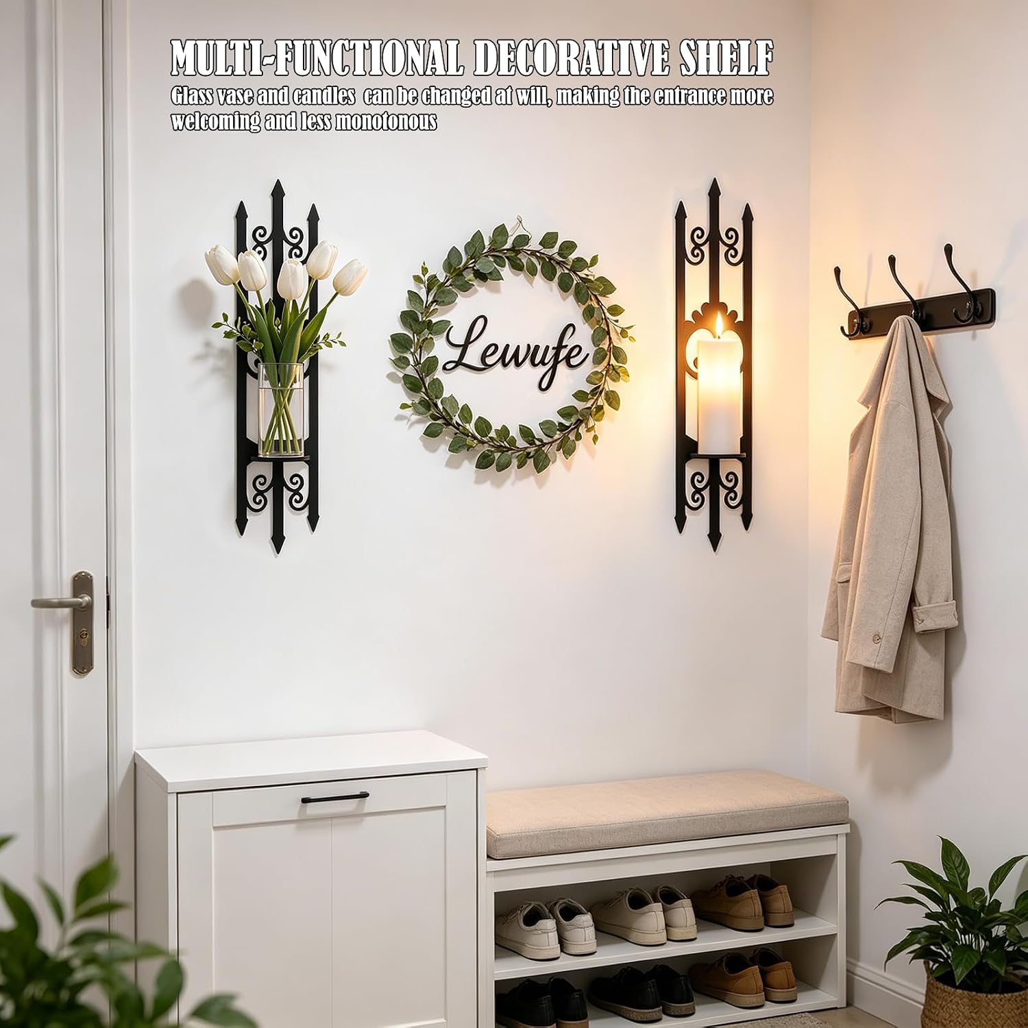 Wall Candle Sconces Set of 2, Black Iron Wall Candle Holder Sconce Set, Farmhouse Gothic Wall Decor Candle Holders for Pillar Candles, Wall Mounted Candle Sconce for Living Room Bedroom Hallway Decor