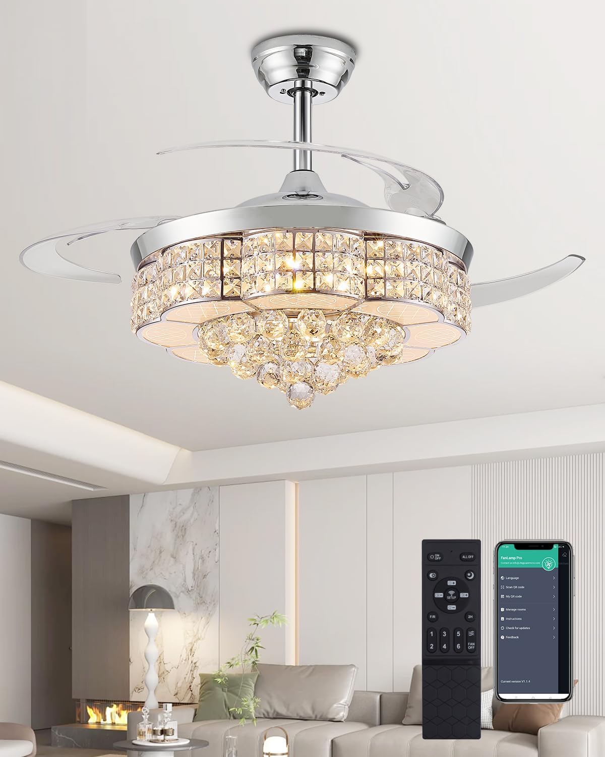 30" Crystal Chandelier Ceiling Fan, Dimmable Retractable Ceiling Fan with Lights, Crystal Fandeliers with Lights and Remote for Bedroom Living Room, Gold