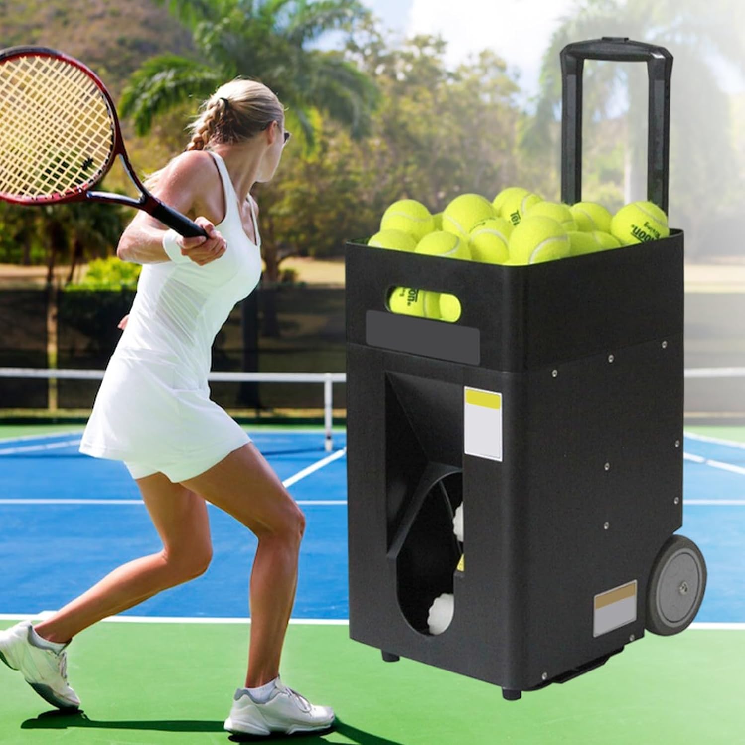 Automatic Tennis Ball Launcher, Adjustable speeds oscillating, 37.3mph, Tennis Ball Machine, APP & Remote-Controlled, 50 Ball Capacity, for uninterrupted Practice with self-Rotation