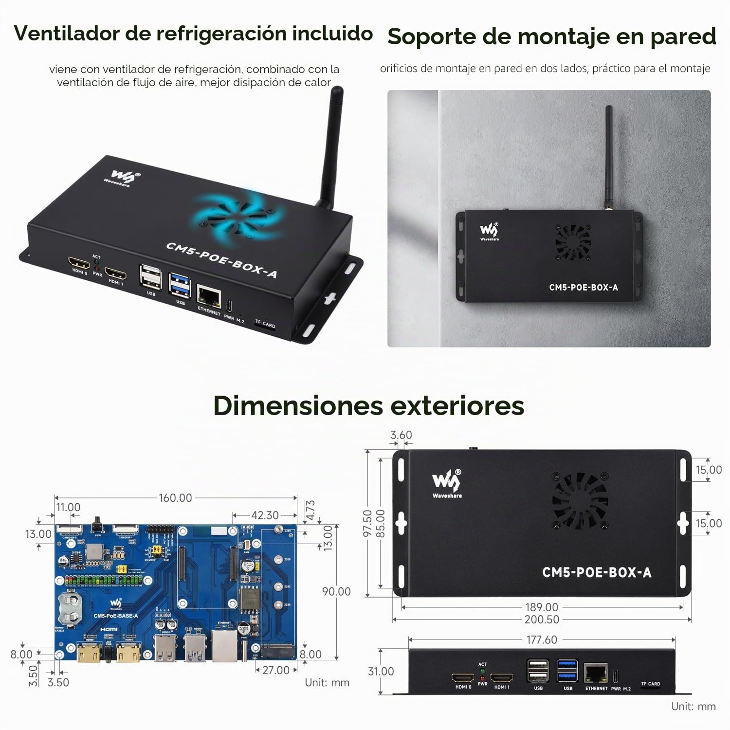 Waveshare Compute Module 5 IO Board, Compatible with All Variants of Raspberry Pi CM5, with PoE Feature, Bundle with PoE Base Board + Case + Power Supply Adapter