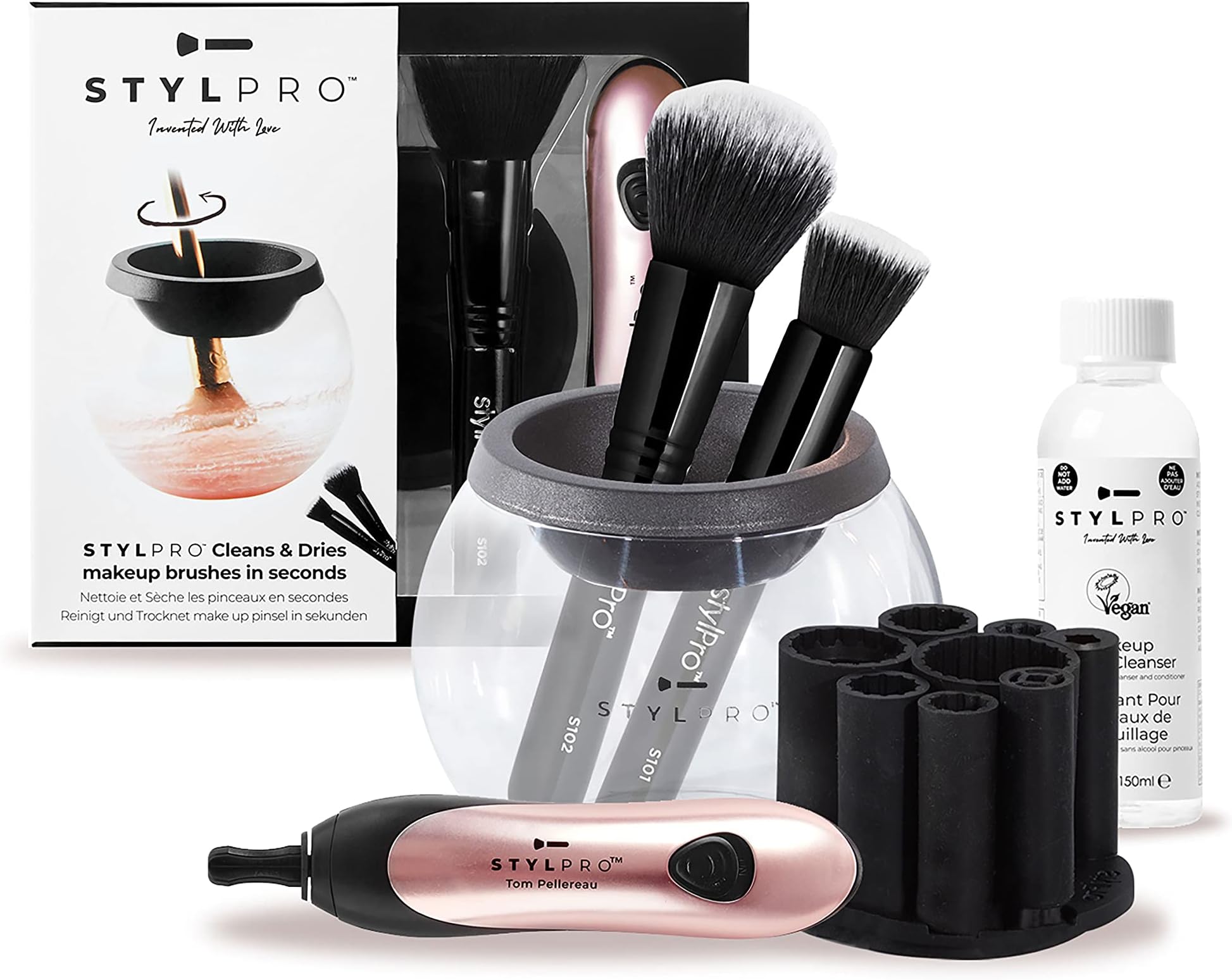 STYLPRO Premium Electric Makeup Brush Cleaner and Dryer Award Winning Gift Set including Coloured Spinning Device, Professional Brush Cleanser & 2x Makeup Brushes, Clean and Dry Brushes in Seconds