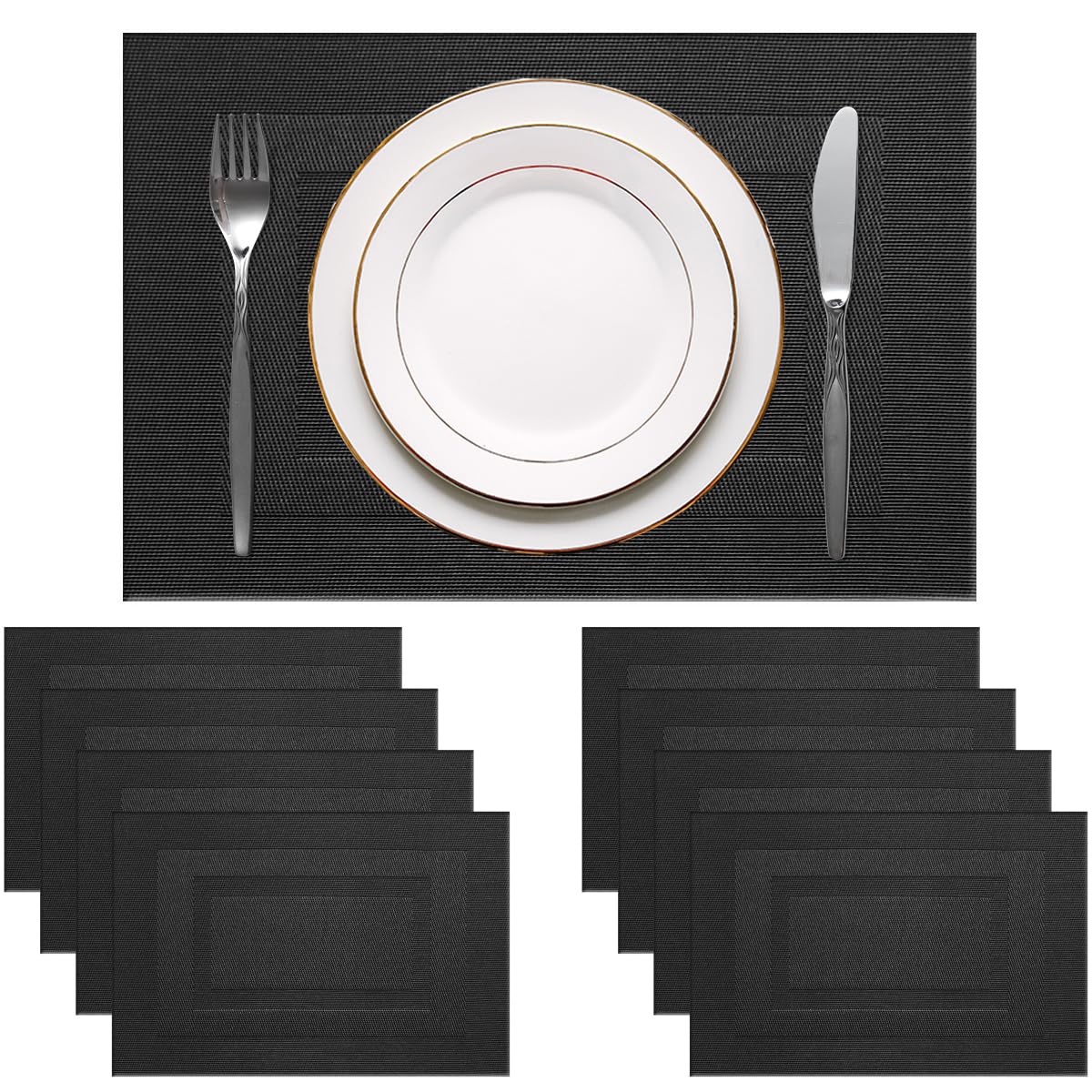 PIGCHCY Placemats Set of 8 Washable Durable Place Mats Vinyl Heat Resistant Non-Slip Table Mats Indoor Outdoor (Pure Black)
