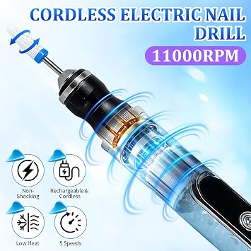 Electric Nail File for Thick Toe Nails, 2 in 1 Electric Nail Drill with UV Lamp, 5 Speed Nail Drill Machine for Various Nails, Toe Nail Grinder for Thick Toenails, Blue (18 Nail Drill Bits