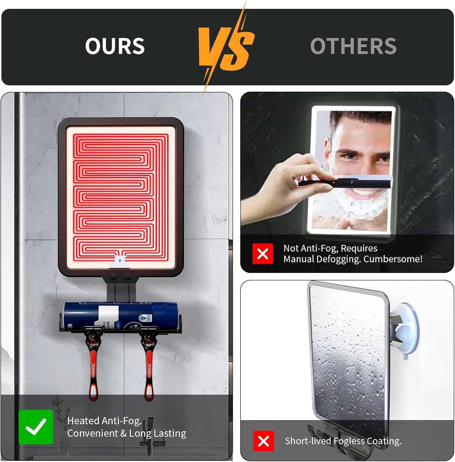 Lighted Shower Mirror Fogless for Shaving, Heated Fog Free Large 9.5*7inch 3 Color Modes Dimming Shower Shaving Mirror with Light, Rechargeable Anti-Fog Shower Mirror with Storage Tray & Razor Holders