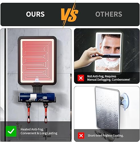 Miniatura 10 de Espejo de ducha iluminado, sin niebla, para afeitarse, calentado, sin niebla, grande, 9.5 x 7 pulgadas, 3 modos de color, espejo de afeitado